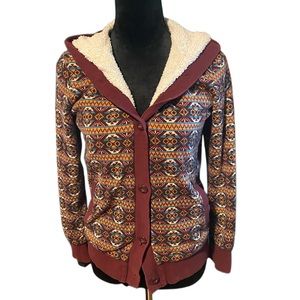 Maroon, green, yellow retro-patterned hoodie sweatshirt